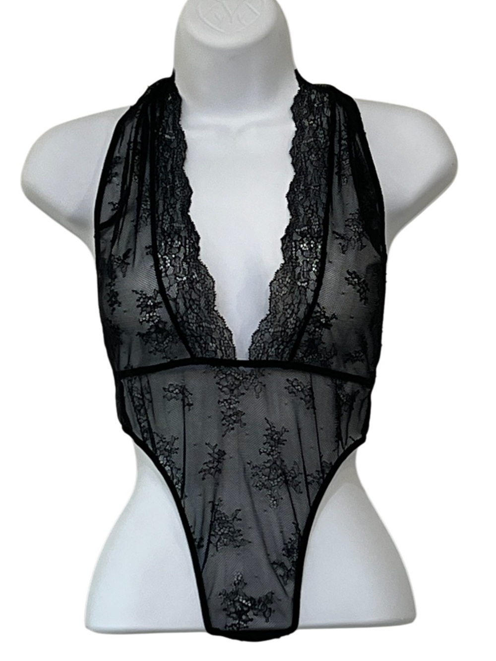 Victoria’s Secret Black Lace Mesh Plunge Halter Lingerie Teddy Size S